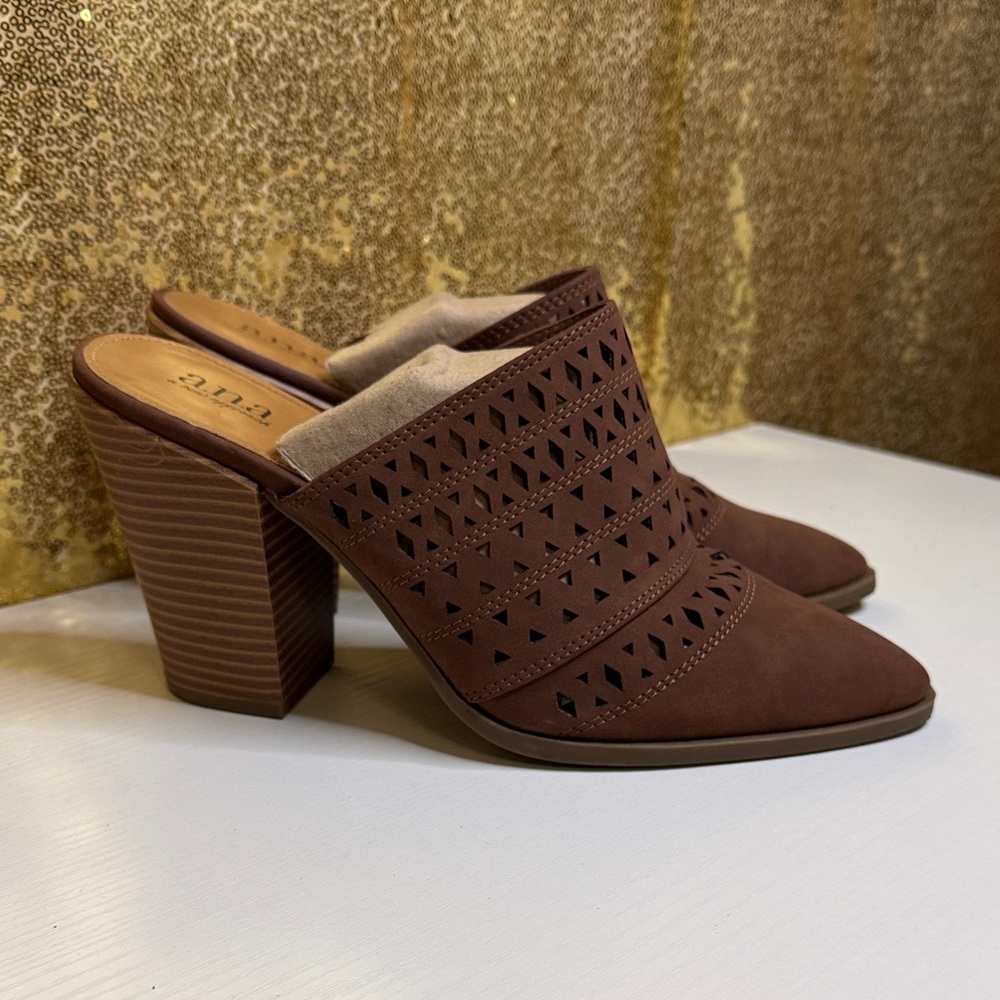 a.n.a Hiro Chocolate Laser-Cut Pointed toe Dress Mules